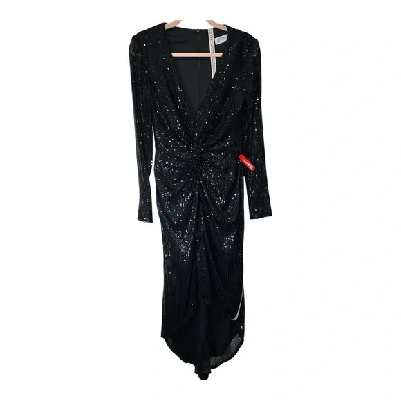Ieena for Mac Duggal Black Sequin Knotted Long Sleeve Midi Dress Size 6 NWT - Picture 3 of 12